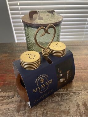 Salt & Pepper Shakers w/ Wood Holder - Gold & Green Glass Canister w/ Wood Lid
